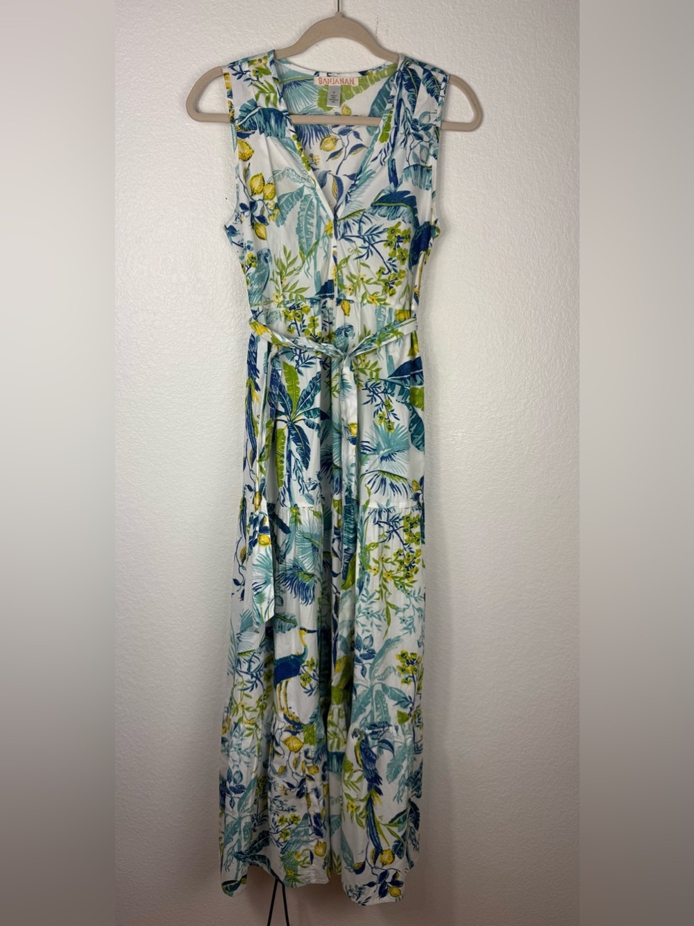 Banjanan Sleeveless Tropical Print Maxi Dress in White, Blue & Green size S